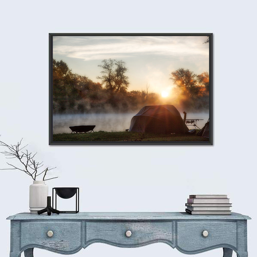 Fishing Tents at Sunrise Wall Art in a room, landscape
