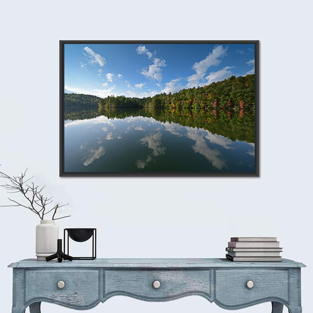 Autumn Reflection at Lake Santeetlah Wall Art in a room, landscape