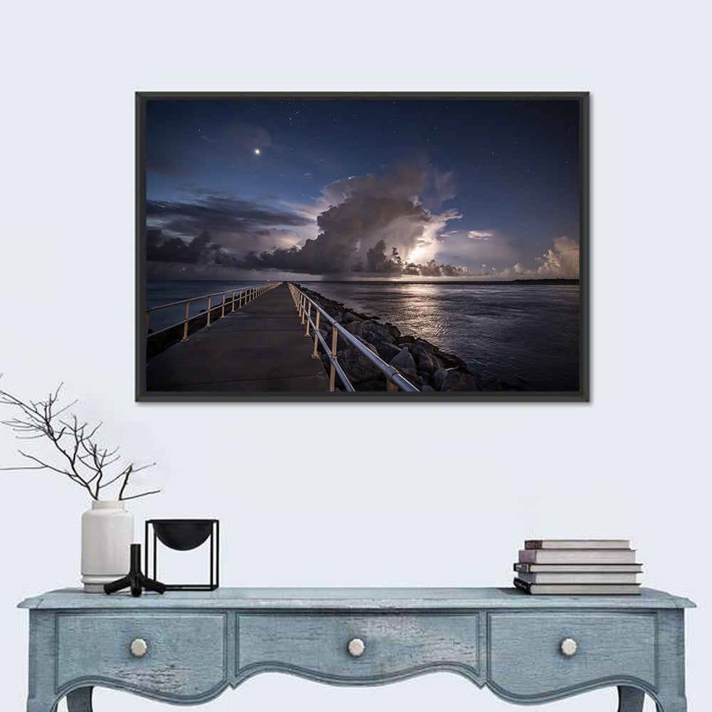 Storm Clouds Over Pier Wall Art in a room, landscape