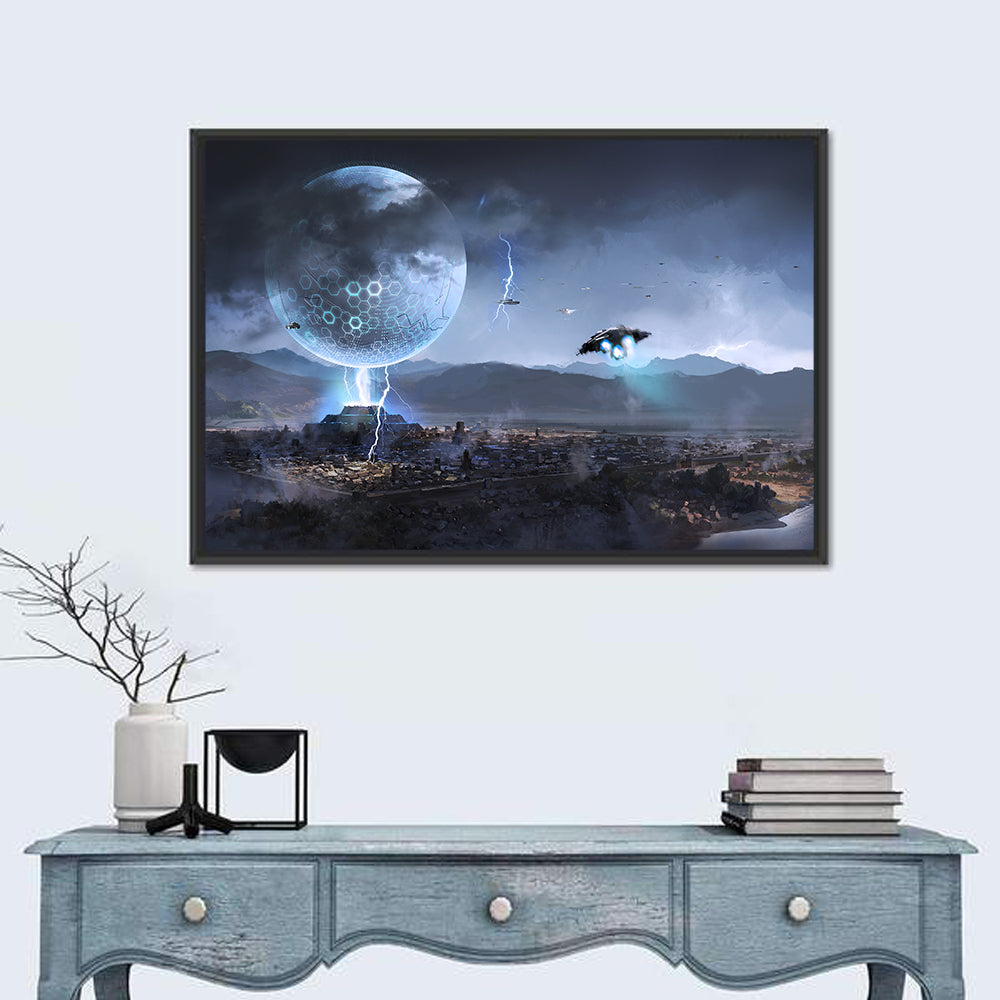 Alien Planet Cityscape with Spaceships Wall Art in a room, landscape