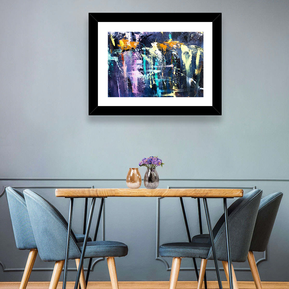 Impasto Waterfall in Blue and Purple Wall Art in a room, landscape