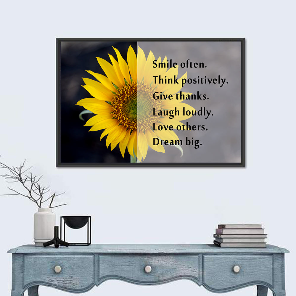 Sunflower Smile Typography Wall Art in a room, landscape