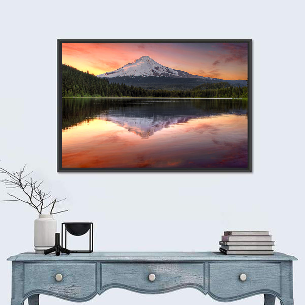 Mount Hood Reflected at Trillium Lake Wall Art in a room, landscape