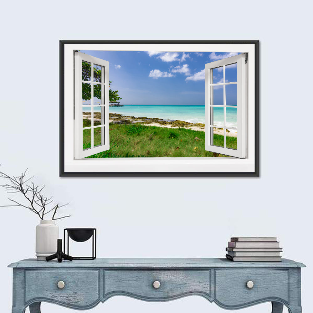 Gazebo on Pier Over Turquoise Ocean Wall Art in a room, landscape