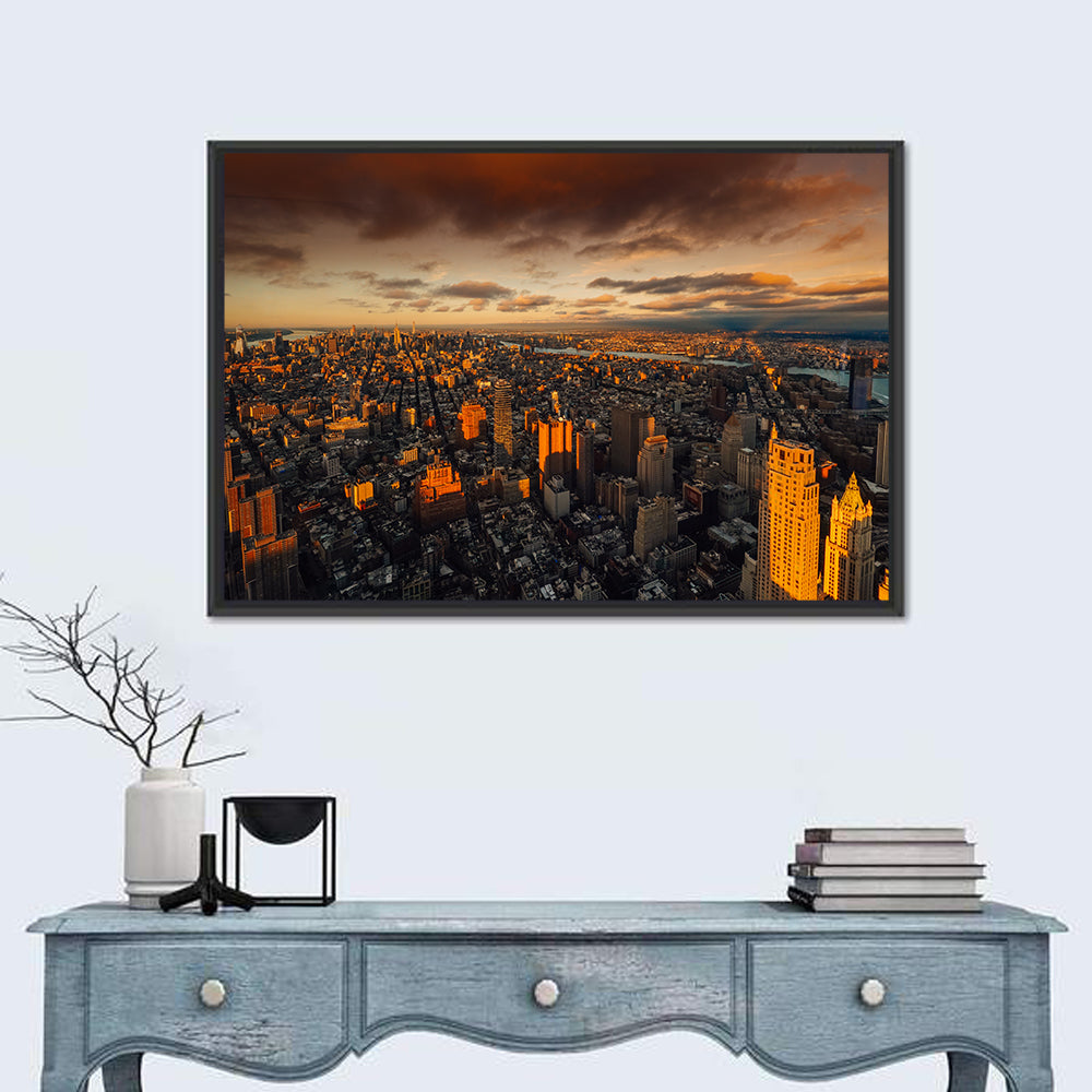 South Manhattan Sunset Skyline Wall Art in a room, landscape
