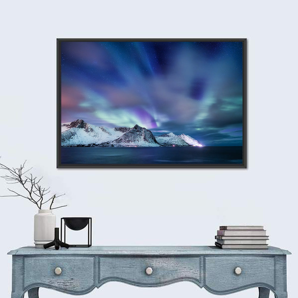 Northern Lights Over Norway Wall Art in a room, landscape