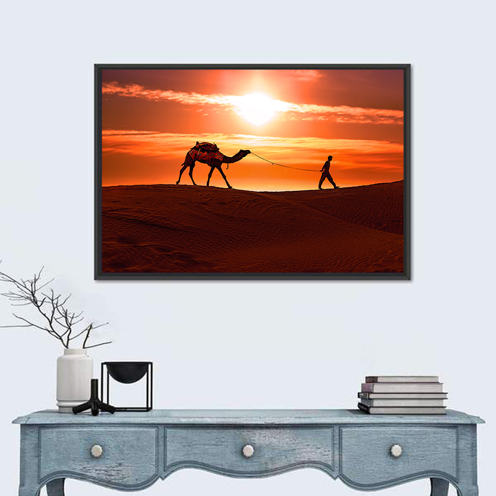 Man Leading Camel at Dusk Wall Art
