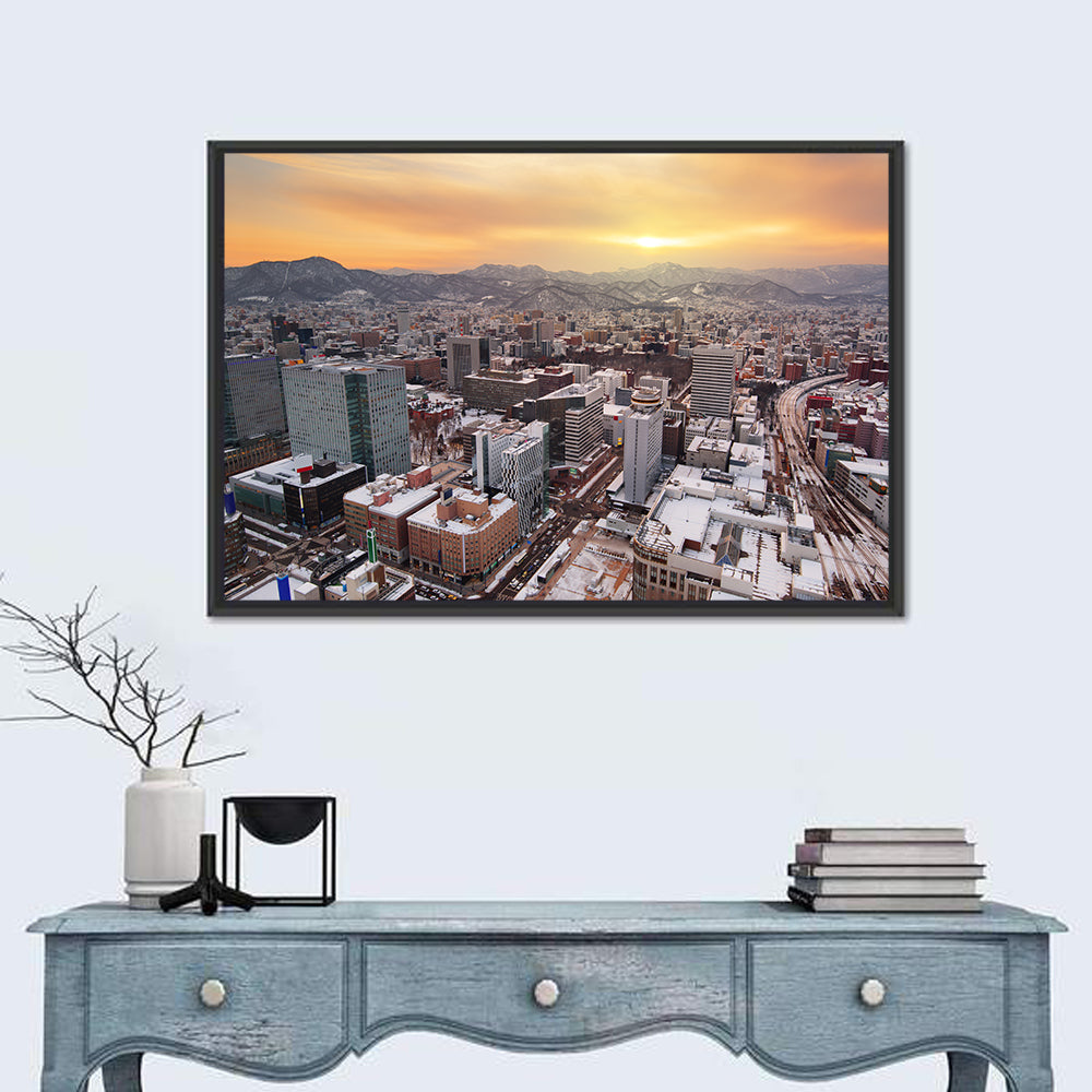 Sapporo Station Skyline at Golden Hour Wall Art in a room, landscape