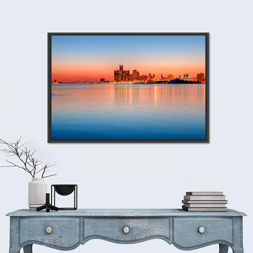 Detroit Golden Hour Skyline Wall Art in a room, landscape