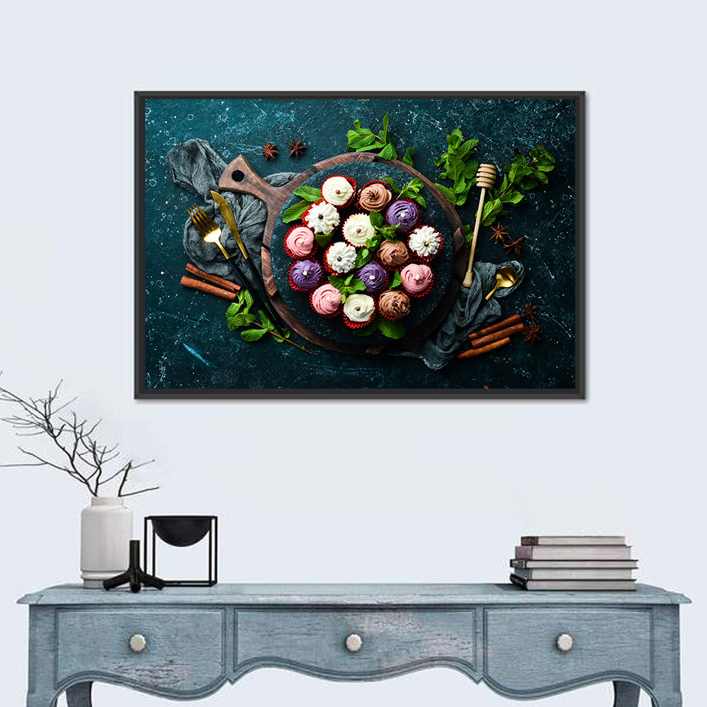 Cream Cupcakes Still Life Wall Art in a room, landscape