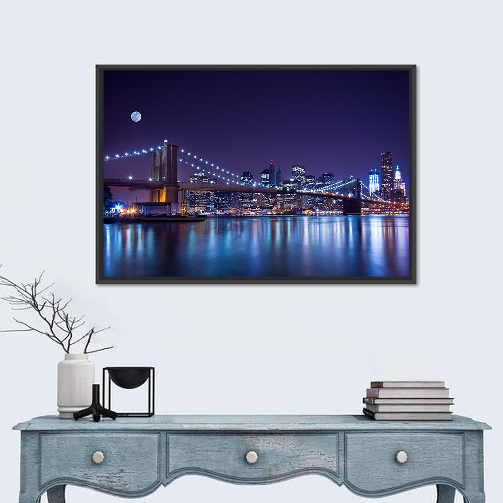 Brooklyn Bridge Moonlit Reflections Wall Art in a room, landscape