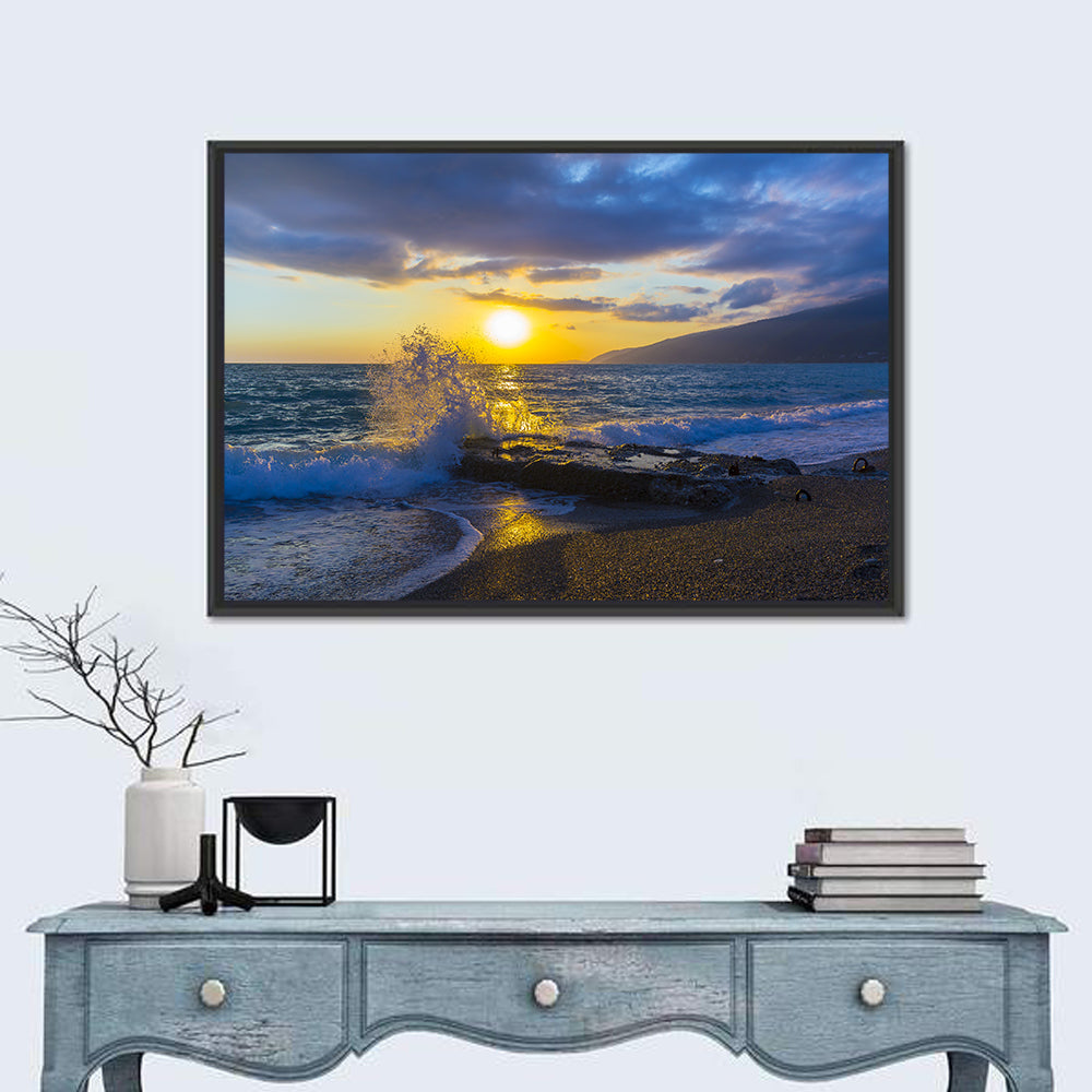 Crashing Wave at Golden Sunset Wall Art in a room, landscape