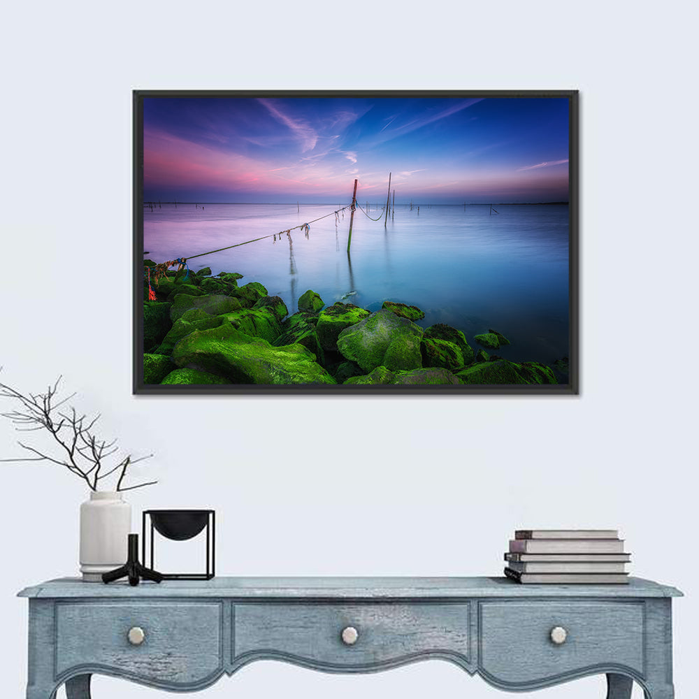Mossy Coastal Rocks at Dusk Wall Art