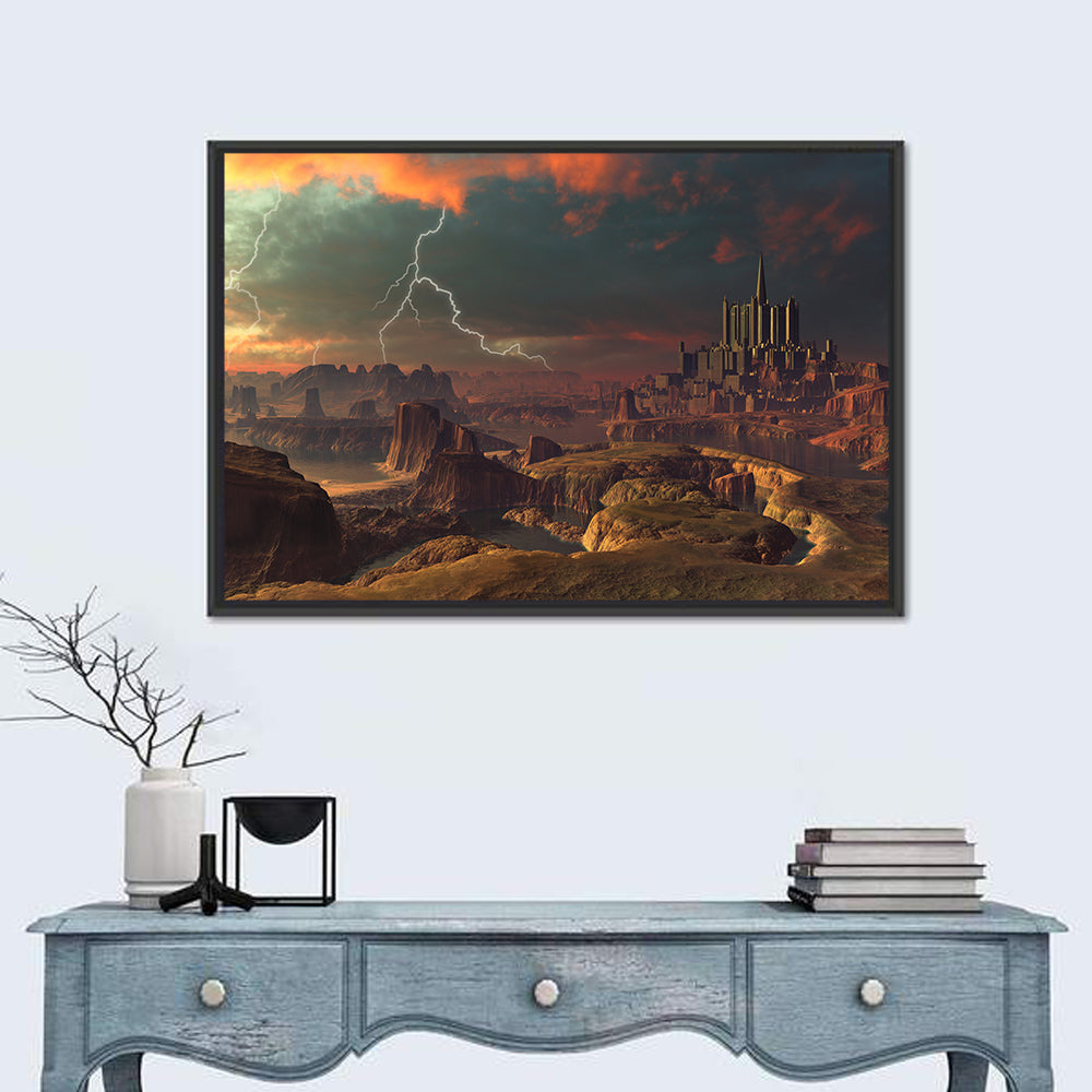 Dusk Storm Over Alien Fortress Wall Art in a room, landscape