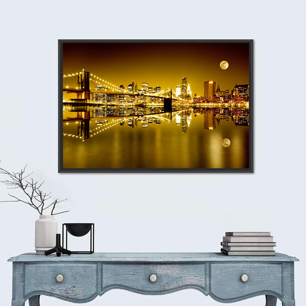 Brooklyn Bridge Moonlit Reflection Wall Art in a room, landscape