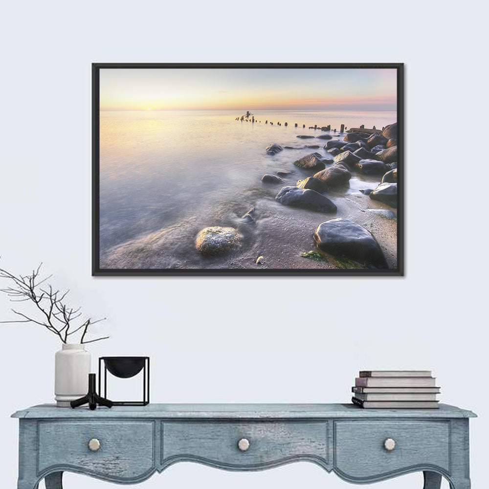 Michigan Shoreline Pilings Wall Art in a room, landscape