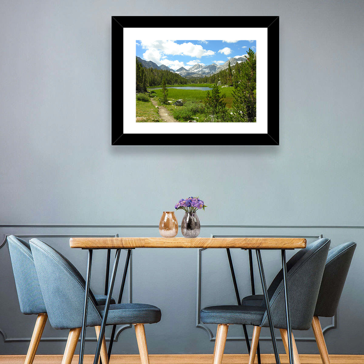Sierra Nevada Trail to Snow Capped Peaks Wall Art in a room, landscape