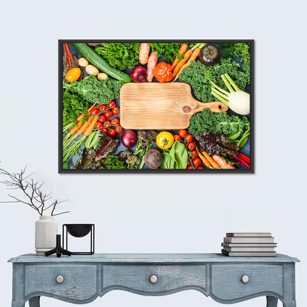 Vegetable Harvest on Cutting Board Wall Art in a room, landscape