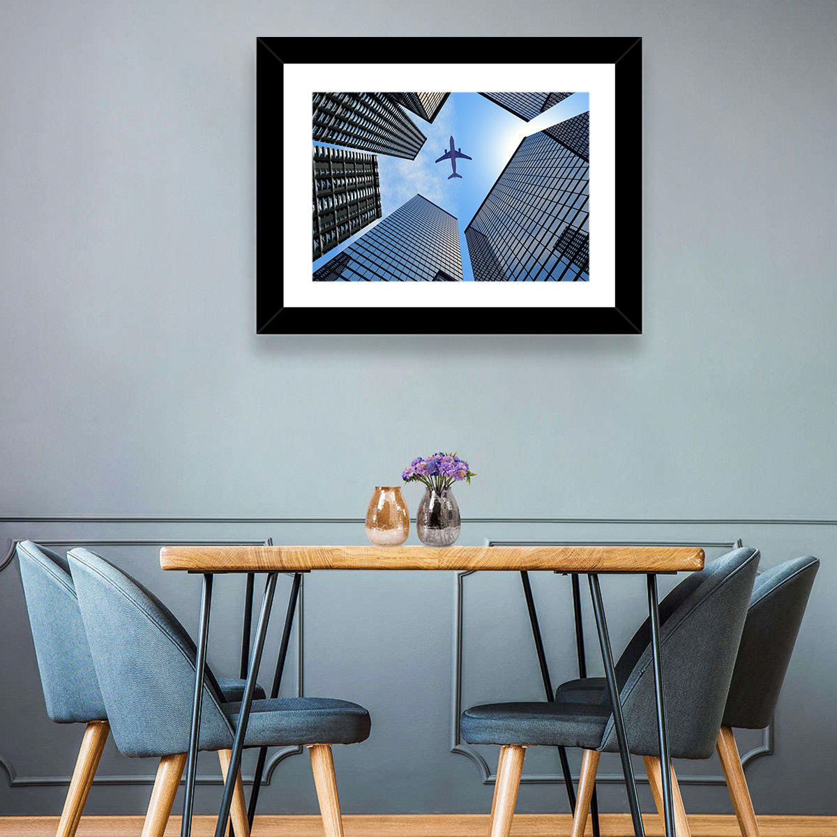 Airplane Above Skyscrapers Wall Art in a room, landscape