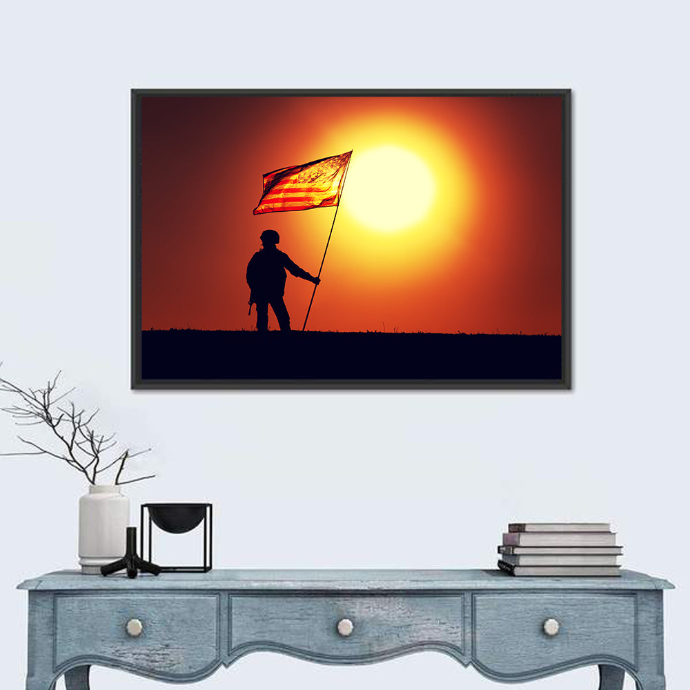 Soldier Silhouette with American Flag Wall Art in a room, landscape