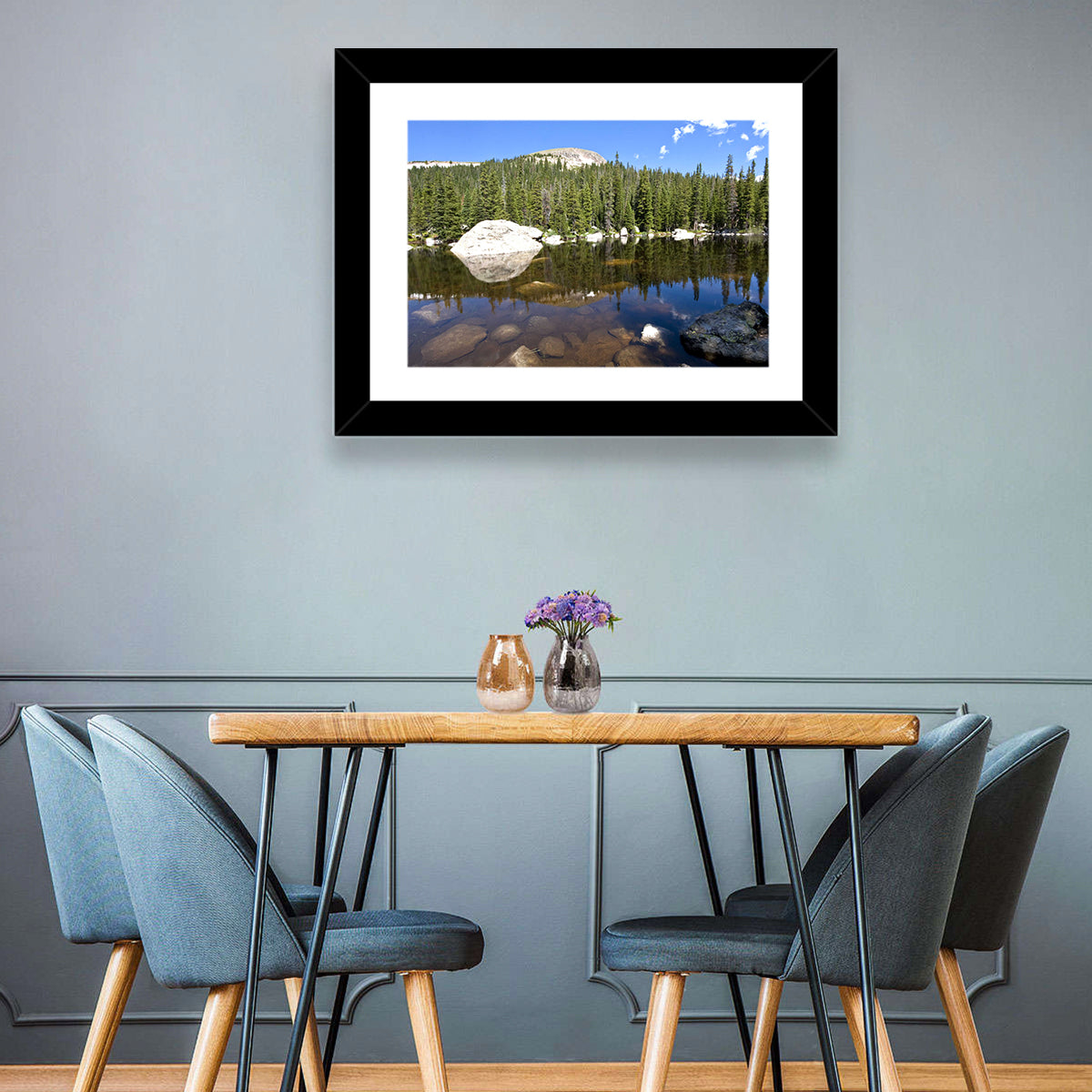 Colorado Forest Lake Reflection Wall Art in a room, landscape