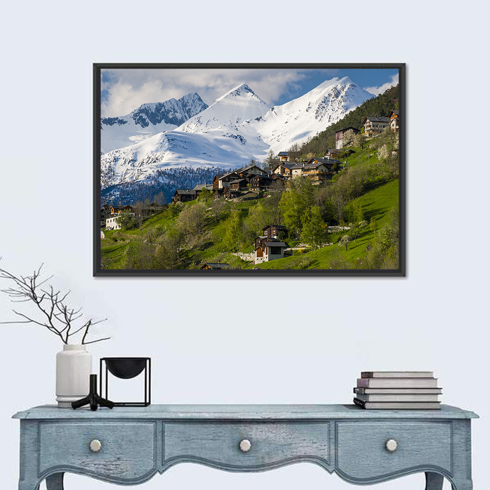 Saas-fee Alpine Village in Spring Wall Art in a room, landscape