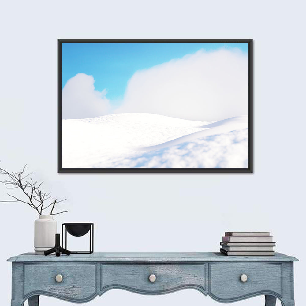 Snowy Hills Under Blue Sky Wall Art in a room, landscape