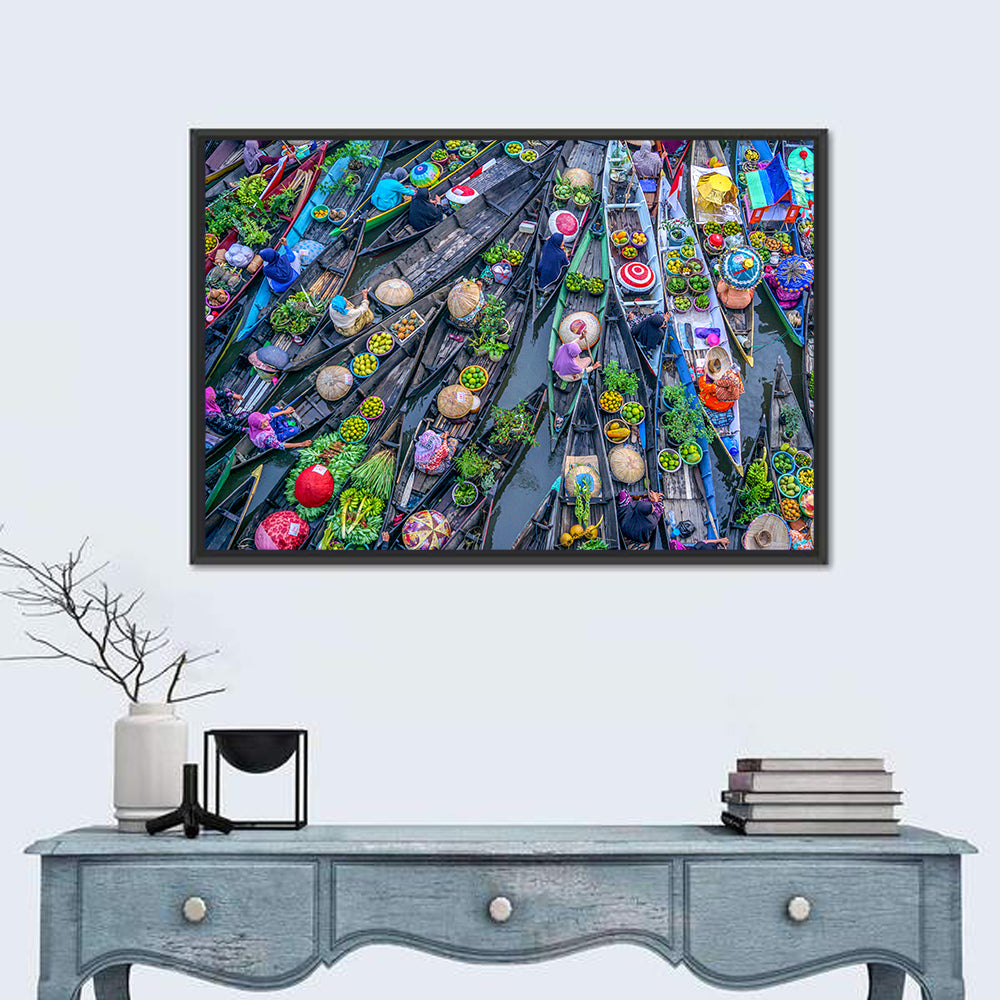 Birds-eye Floating Market Wall Art in a room, landscape