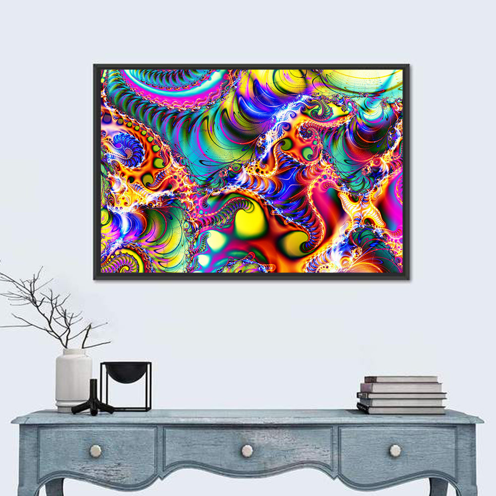 Chromatic Fractal Swirls Wall Art in a room, landscape