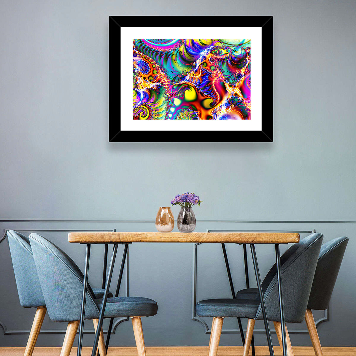 Chromatic Fractal Swirls Wall Art in a room, landscape