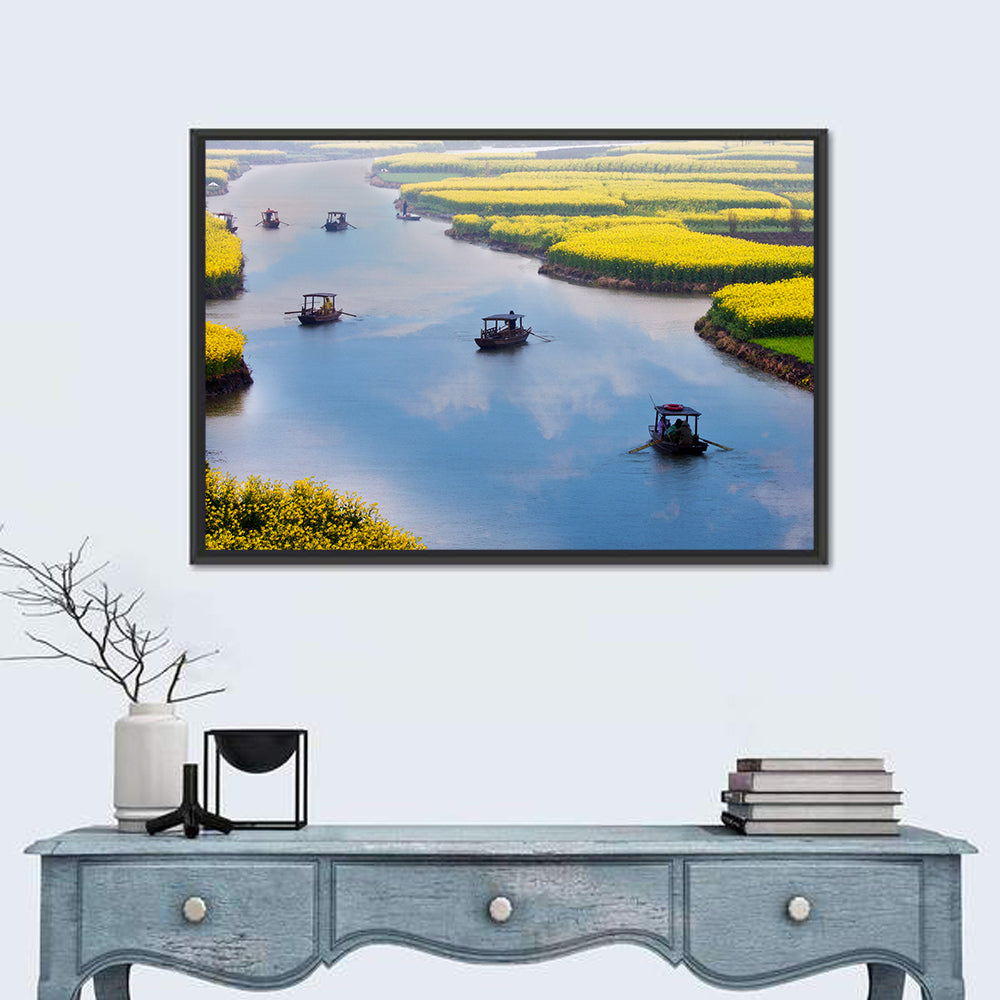 Spring River Rowboats in Rapeseed Fields Wall Art