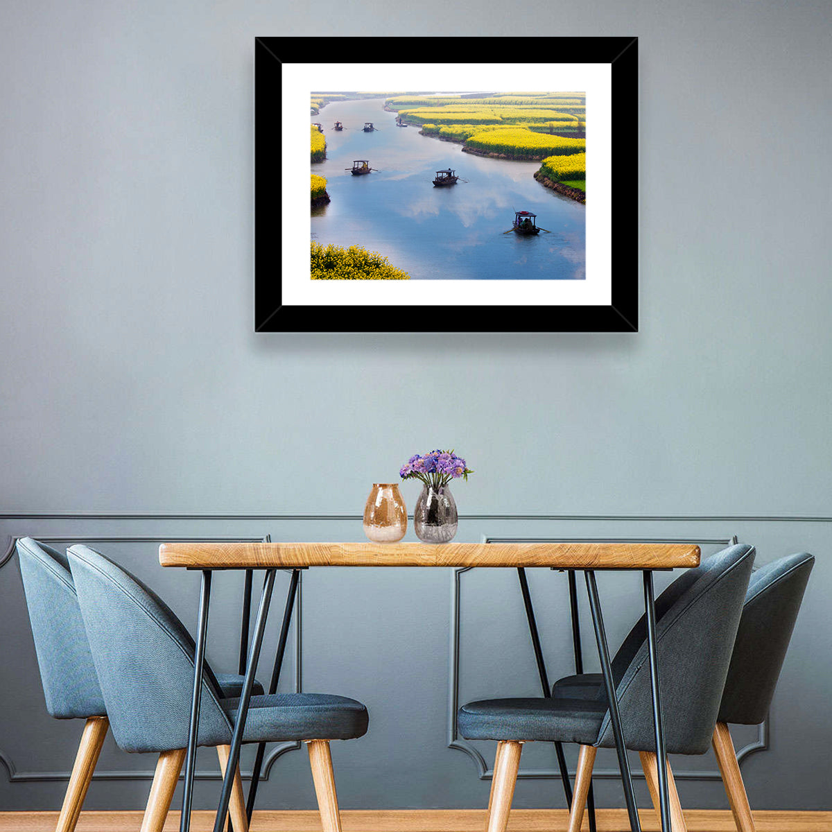 Spring River Rowboats in Rapeseed Fields Wall Art in a room, landscape