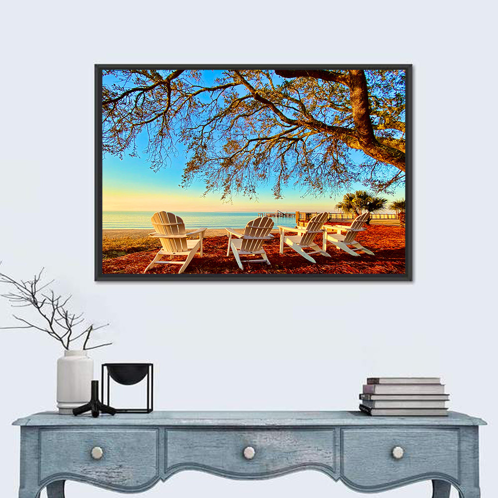 Mobile Bay Adirondack Chairs at Sunrise Wall Art in a room, landscape