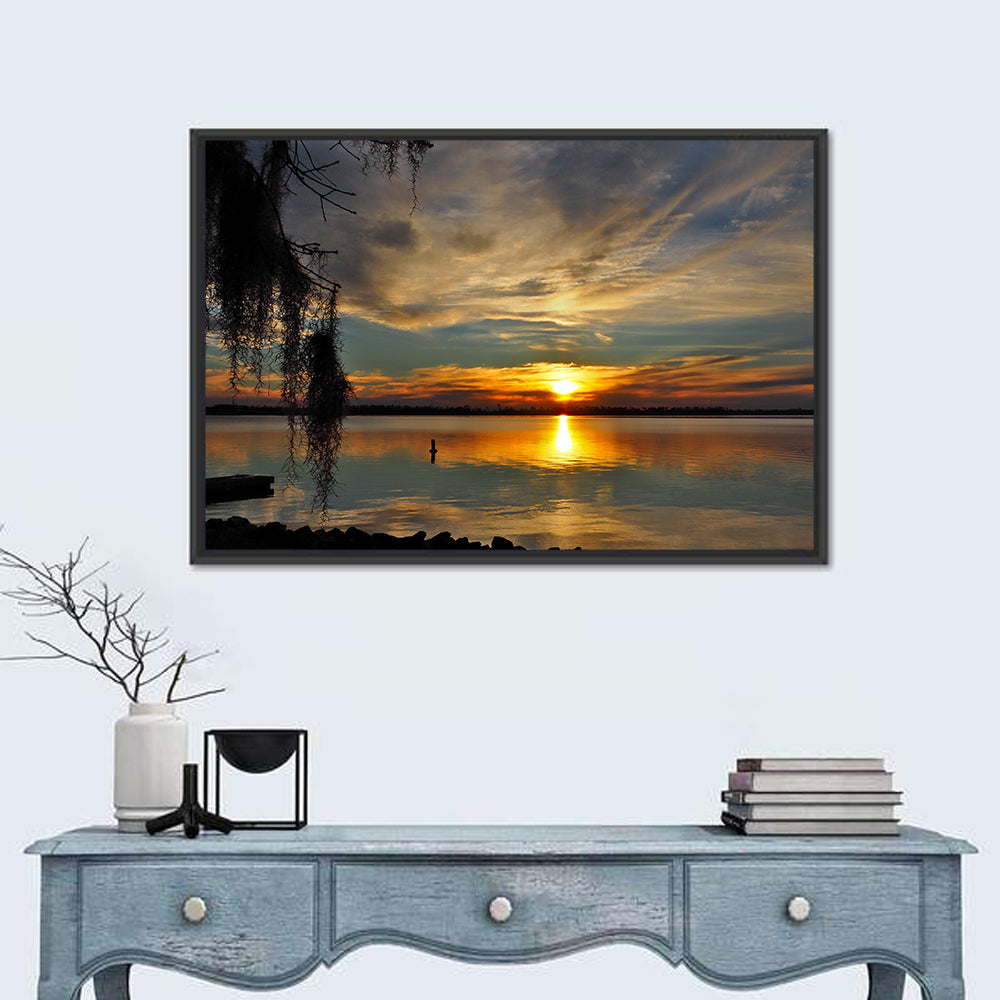 Lake Seminole Sunset Reflection Wall Art in a room, landscape