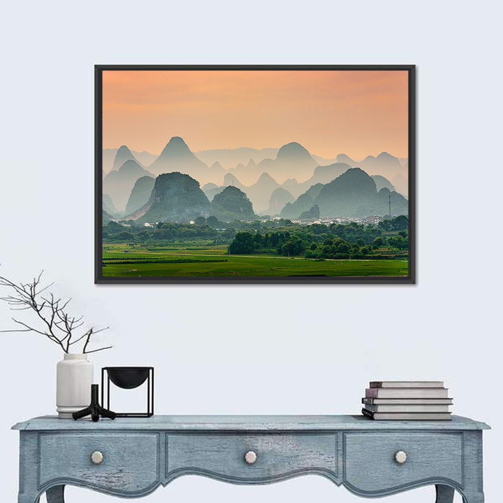 Misty Karst Mountains Wall Art in a room, landscape