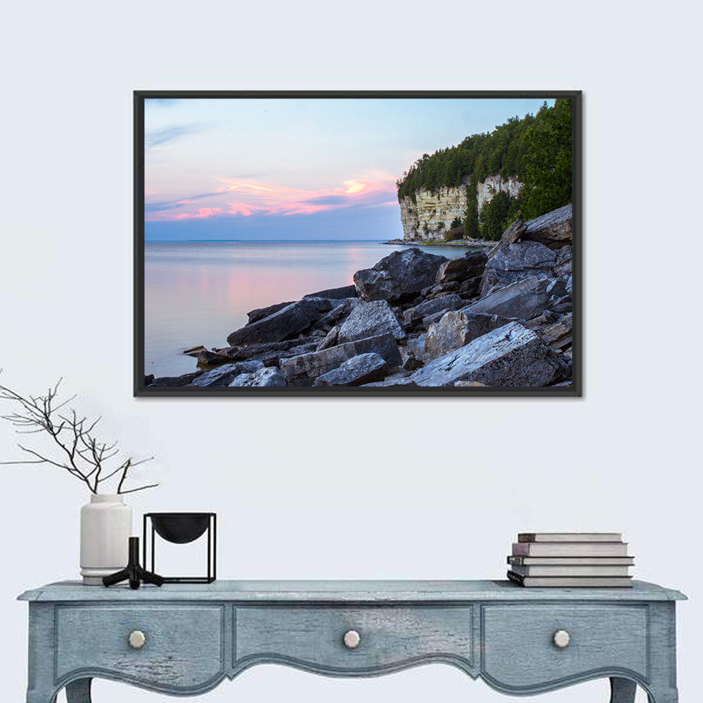 Lake Michigan Sunset Cliffs Wall Art in a room, landscape