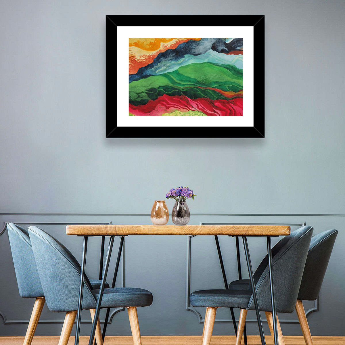 River Through Abstract Mountains Wall Art in a room, landscape