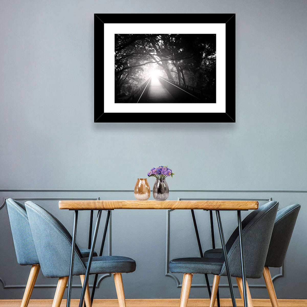 Foggy Forest Bridge Wall Art in a room, landscape