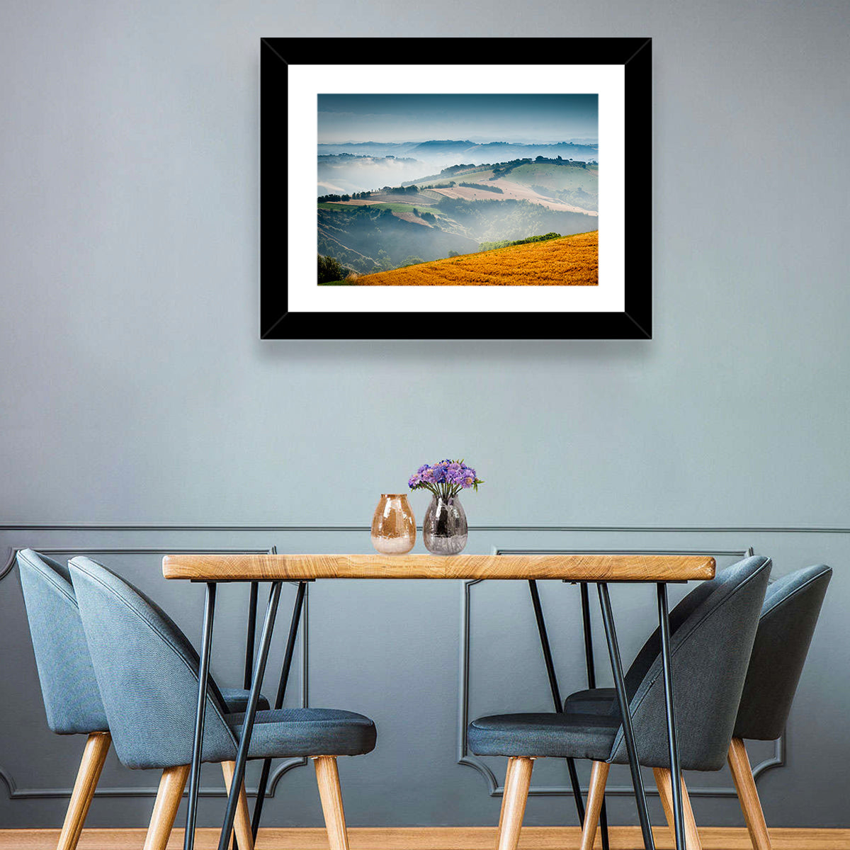 Morning Mist Over Tuscany Wall Art in a room, landscape