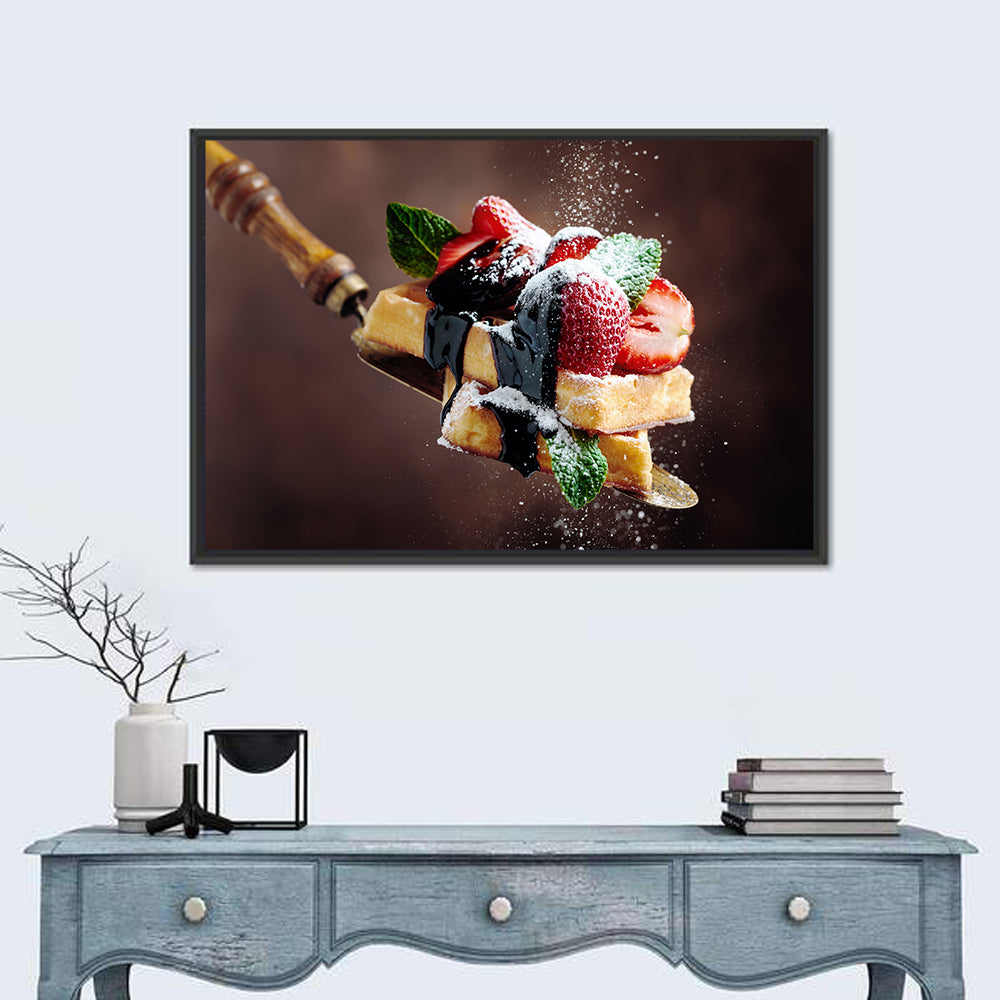 Chocolate Drizzle Waffles with Strawberries Wall Art in a room, landscape