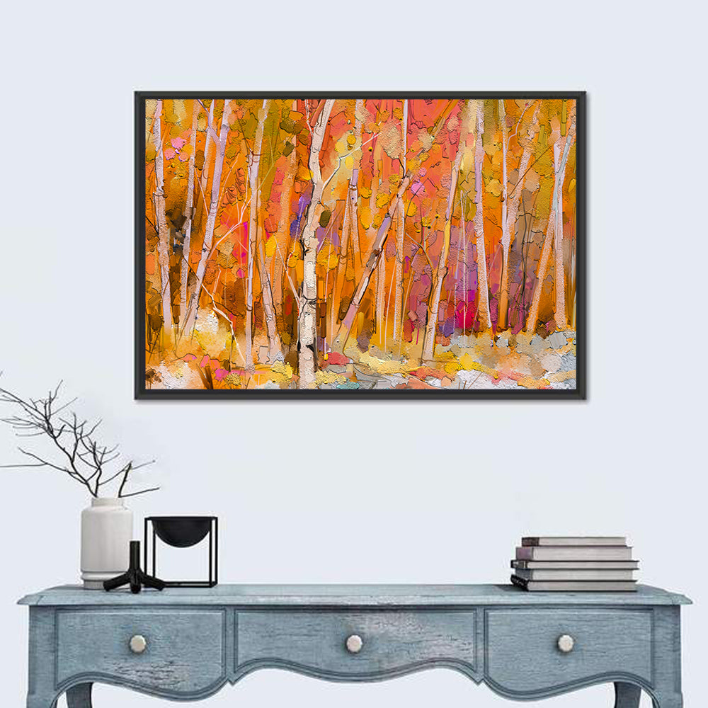 Autumn Birch Grove Painting Wall Art in a room, landscape