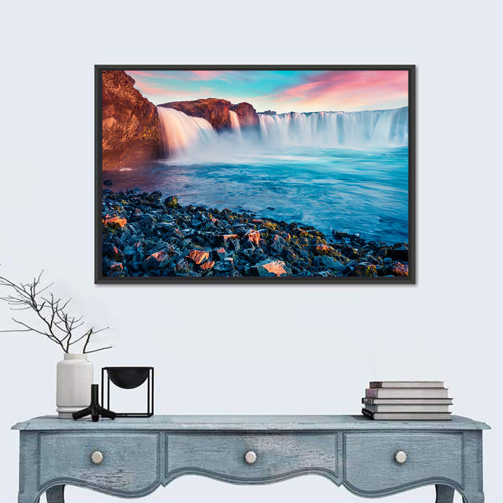 Goðafoss Waterfall at Sunset Wall Art in a room, landscape