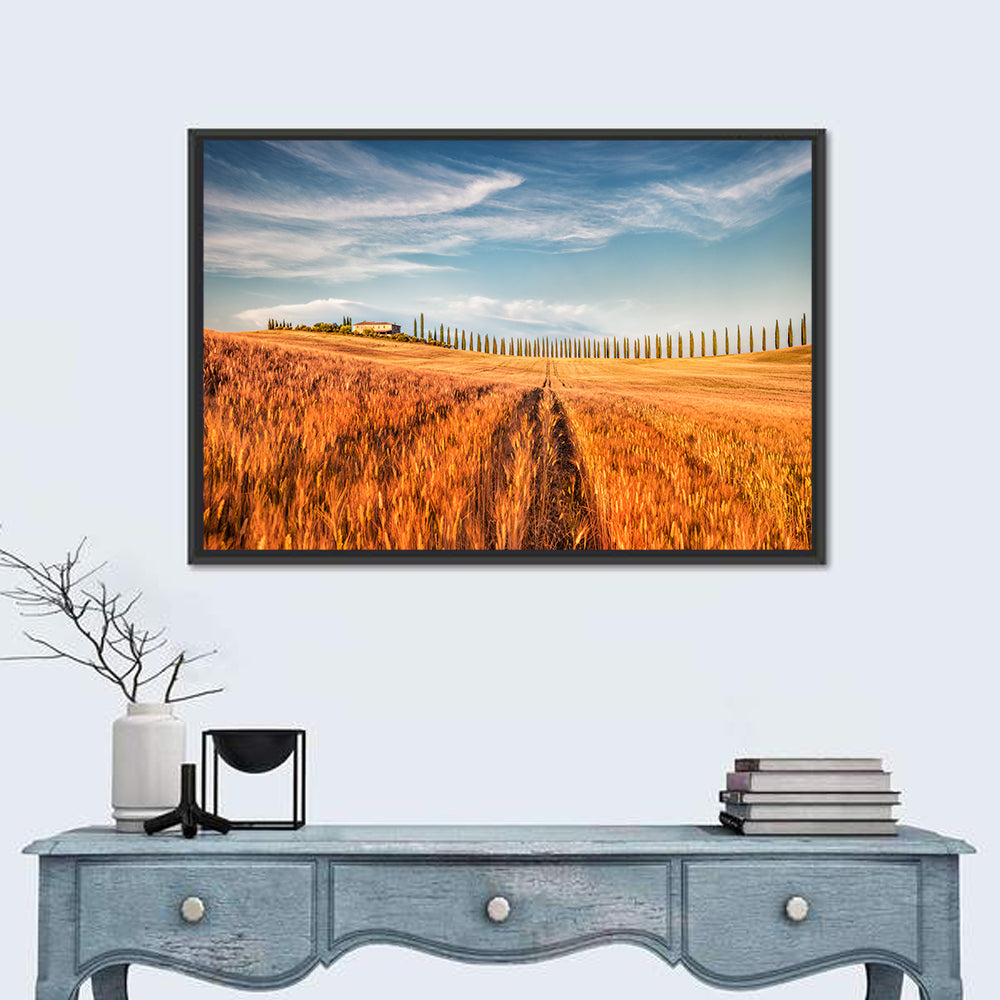 Tuscan Wheat Field Wall Art in a room, landscape