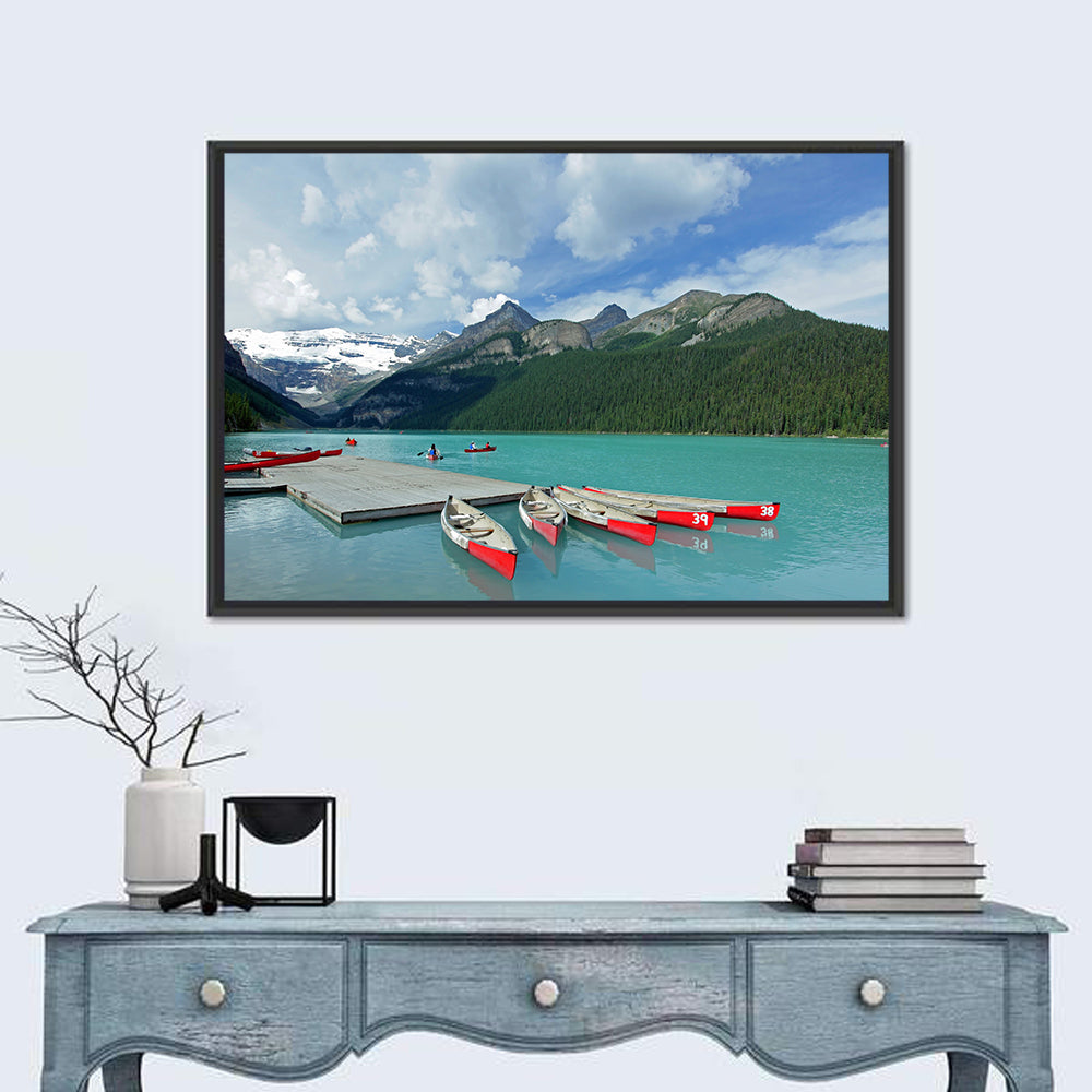 Red Canoes at Lake Louise Wall Art in a room, landscape