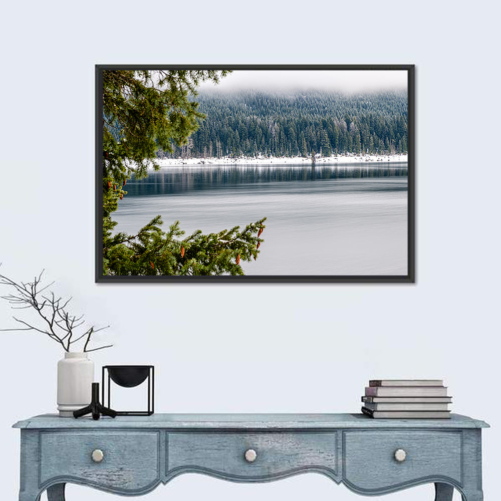 Lake Kachess Foggy Shore Wall Art in a room, landscape