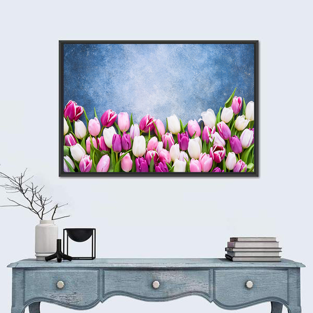 Tulips on Textured Blue Wall Art in a room, landscape