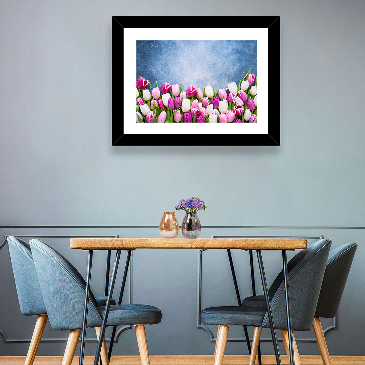 Tulips on Textured Blue Wall Art in a room, landscape