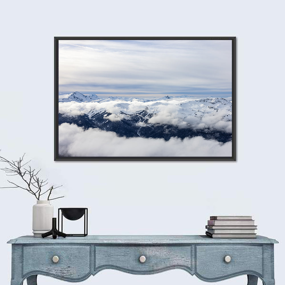 Snow-capped Whistler Peaks Wall Art in a room, landscape
