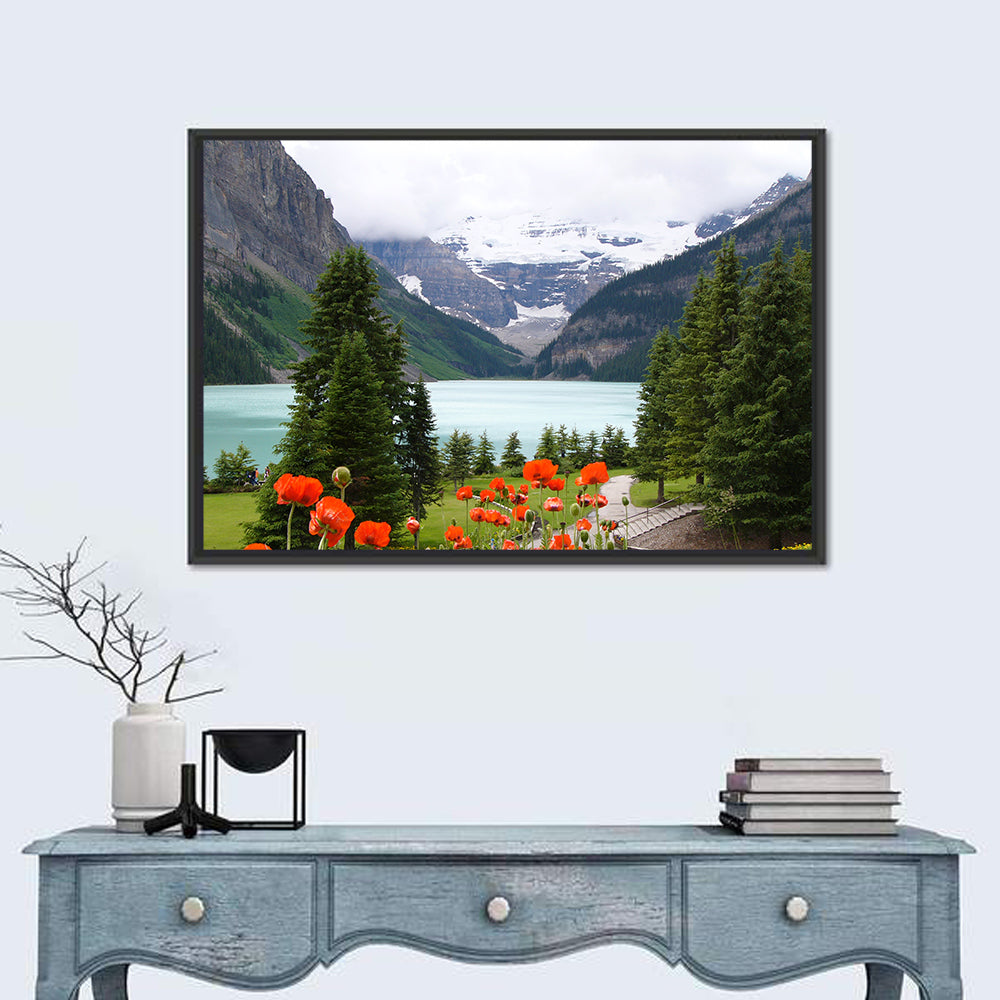 Lake Louise Poppies Wall Art in a room, landscape
