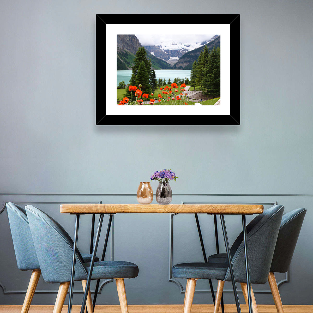 Lake Louise Poppies Wall Art in a room, landscape